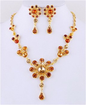 KETTING EN OORBELLEN GOUDKLEUR AMBER HONING KLEUR KRISTAL - 1