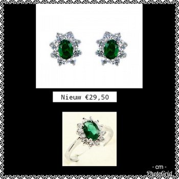 RING EN OORBELLEN MET SMARAGD GROEN EN HELDER SWAROVSKI KRISTAL - 1