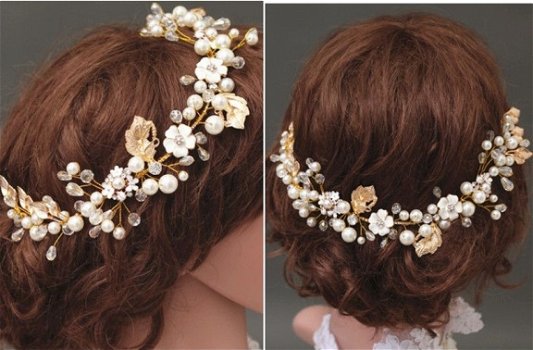 DIADEEM MET PARELS BLOEMEN EN BLAADJES GOUDKLEUR - 4