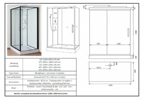 Sanifun complete douchecabine Simon 1200 x 900 kitvrij Links - 4