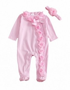 Baby romper jumpsuit met haarband in roze maat 74/80