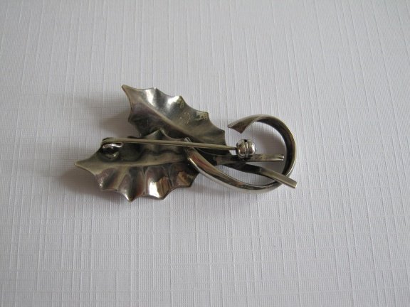 Zilveren antieke broche dubbele hulstblaadjes 4.7x2.7 cm - Afbeelding 5