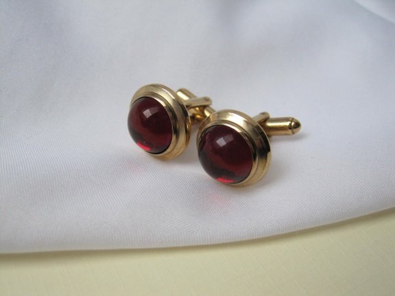 Manchetknopen Hayward gold filled 1/20 12k met rode glas cabochon 1.6 cm - Afbeelding 4