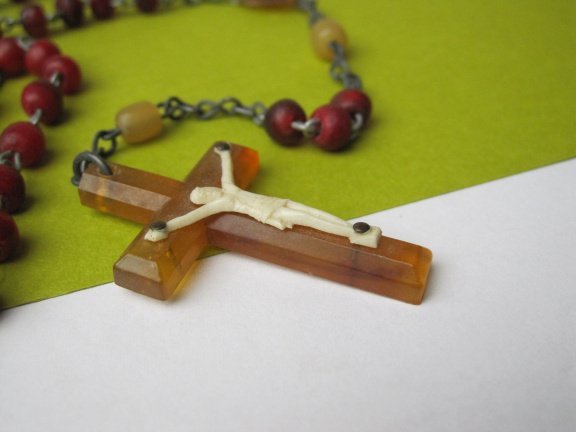 Rozenkrans Ierland antiek celluloid /kunststof crucifix 46 cm - Afbeelding 4