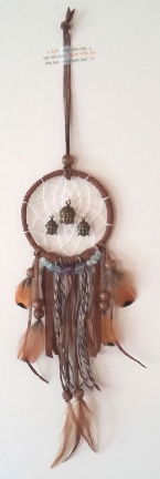 BOEDDHA Dromenvanger / Dreamcatcher in bruintinten met edelstenen: Ring=8cm, Lengte 41cm