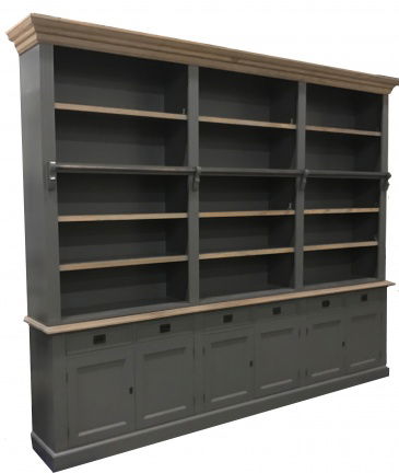 Grote 300cm brede grijze life style boekenkast met eiken lijsten en trap - nr. 1