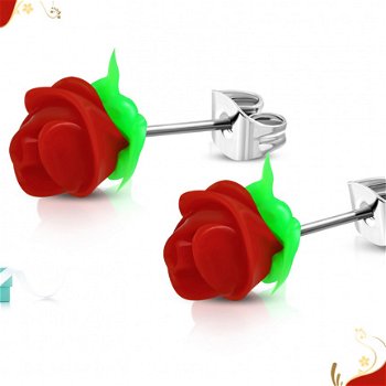 Kinderoorbellen chirurgisch staal Rood roosje oorsteker RVS met groene blaadjes - 1