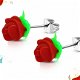 Kinderoorbellen chirurgisch staal Rood roosje oorsteker RVS met groene blaadjes - 1 - Thumbnail