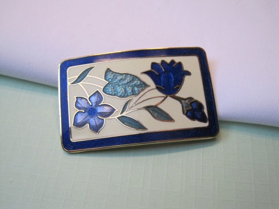 Broche goudkleurig blauw groen emaille cloisonné bloemen 4.4x2.8 cm - Afbeelding 7