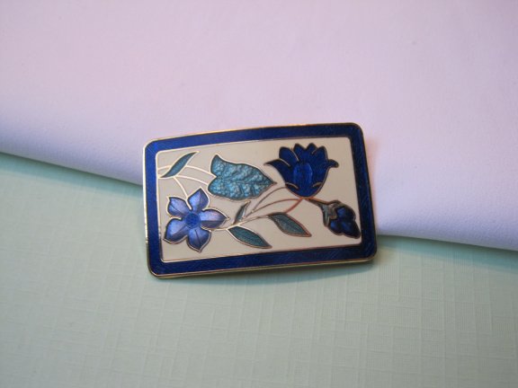 Broche goudkleurig blauw groen emaille cloisonné bloemen 4.4x2.8 cm - Afbeelding 8