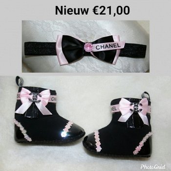 C HANEL BABY LAARSJES IN ZWART ROZE MET HAARBAND 0/3 3/6 EN 6/12 MAANDEN - 1