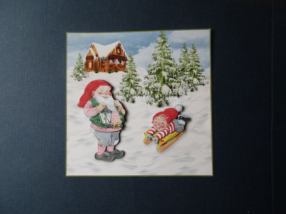111 KERST 3d plaatje op achtergrond, kabouter / kind op slee. - nr. 1