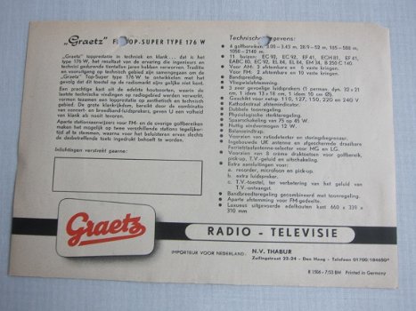 Antieke GRAETZ Top-Super 176 W buizenradio flyer 1953 NL(D164) - 2