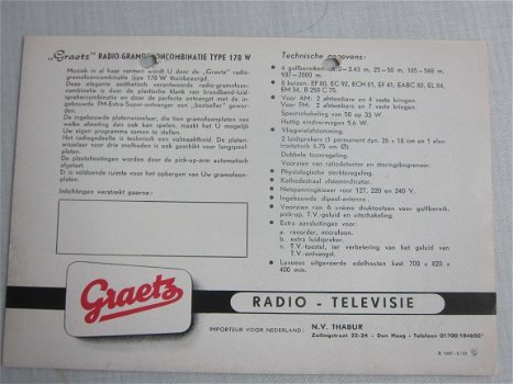 Antieke GRAETZ Super 178 W buizenradio flyer 1953 NL(D168) - 2