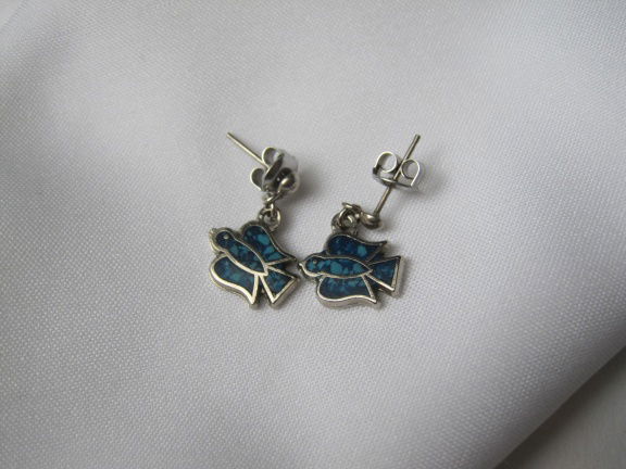 Oorbellen zilverkleurige vogeltjes met turquoise steen inleg 1.1x0.8 cm - nr. 1
