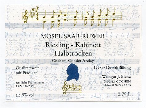 Y010 Mozart Componist Wijn etiket 1998 / Wine Label - 1