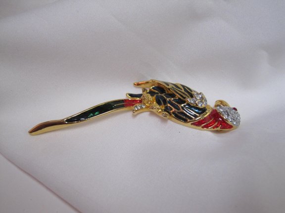 Broche Park Lane goudkleurige papegaai met rood groen blauw emaille en lange staart 8.7x2.6 cm. - Afbeelding 8