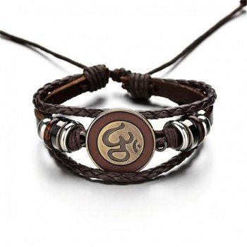 Aum mantra armband van bruin gevlochten leer - 1