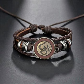 Aum mantra armband van bruin gevlochten leer - 2