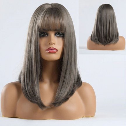 PRUIK GRIJS LANG STEIL HAAR BOB MODEL MET PONY - nr. 1