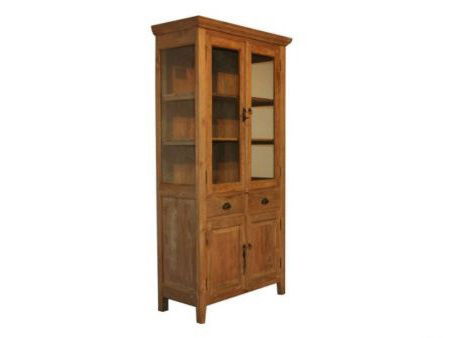 Vitrinekast teak hout 90cm breed aan de zijkanten glas met laden - nr. 1