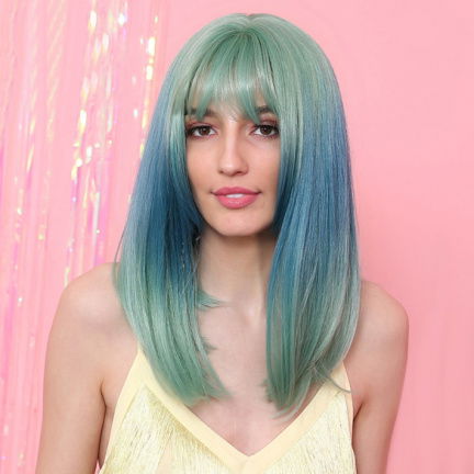 ★ PruikenPlaza ★ DUO COLOR PRUIK GROEN / BLAUW LANG STEIL HAAR - nr. 1