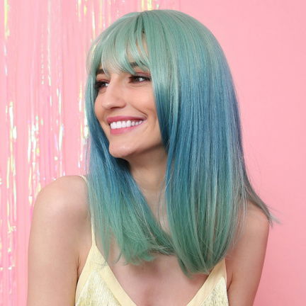 ★ PruikenPlaza ★ DUO COLOR PRUIK GROEN / BLAUW LANG STEIL HAAR - Afbeelding 3