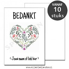 Persoonlijke bedankt kaarten bloemenhart eigen tekst - 10 stuks