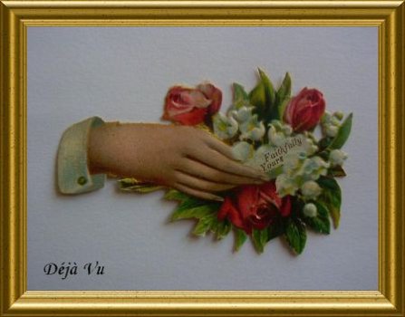 Antiek poezieplaatje : hand : lelietjes van dalen, rozen // victorian scrap : flowers - 1