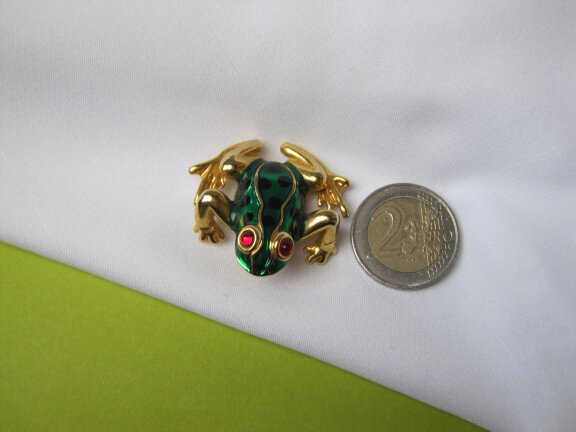 Broche goudkleurig groen zwart emaille kikker met rode oogjes 3.8x3.5 cm. - Afbeelding 6