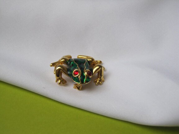 Broche goudkleurig groen zwart emaille kikker met rode oogjes 3.8x3.5 cm. - Afbeelding 7