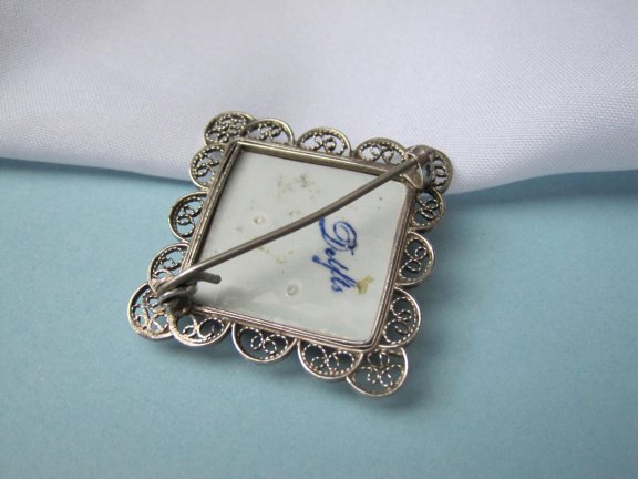 Zilveren broche antiek filigrain met Delfts blauwe porseleinen molen 4.0x4.0 cm. - Afbeelding 6