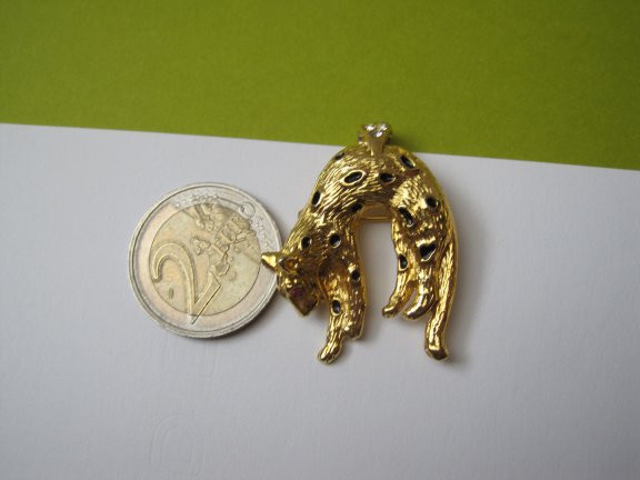 Broche kettinghanger goudkleurige luipaard met zwart emaille en kristal rijnsteentjes 3.3x2.9 cm - Afbeelding 2