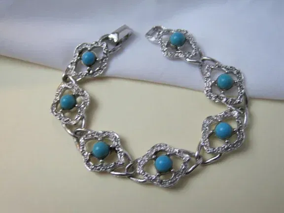 Armband Sarah Coventry zilverkleurig turquoise kralen cabochon 19 cm - nr. 1