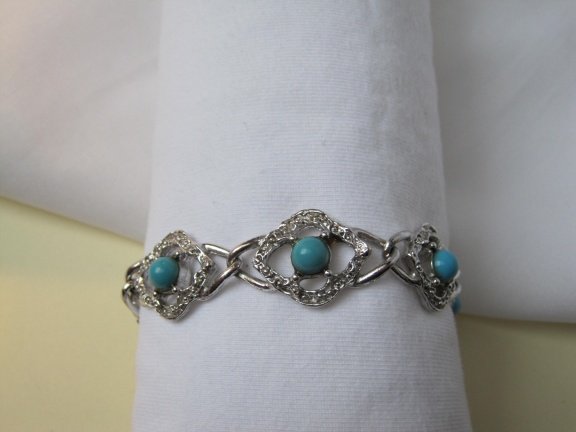 Armband Sarah Coventry zilverkleurig turquoise kralen cabochon 19 cm - Afbeelding 2