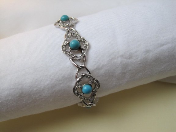 Armband Sarah Coventry zilverkleurig turquoise kralen cabochon 19 cm - Afbeelding 4