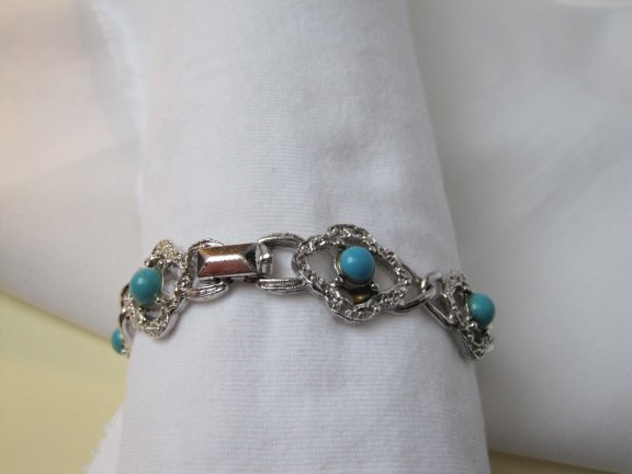 Armband Sarah Coventry zilverkleurig turquoise kralen cabochon 19 cm - Afbeelding 5