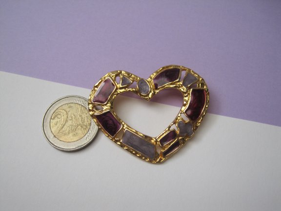 Broche goudkleurig hart model met paars tinten emaille 5.2x4.0 cm. - Afbeelding 3