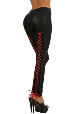 Zwarte Wetlook Legging met Rode Lint - S/M of L/XL
