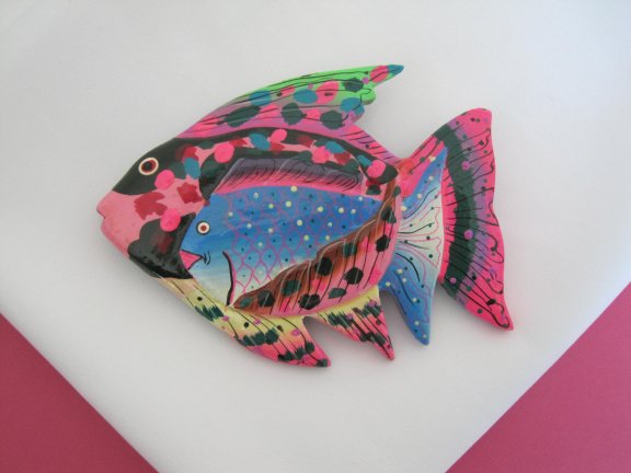 Broche gelakt hout vis model met felle kleuren 9.5x7.3 cm. - Afbeelding 6