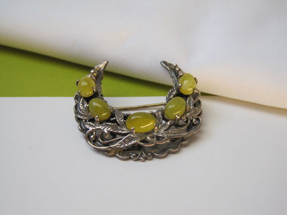 Zilveren broche maan model met groen gele edelsteen cabochons 3.6x3.4 cm - Afbeelding 5