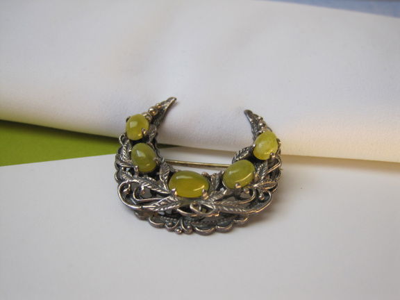 Zilveren broche maan model met groen gele edelsteen cabochons 3.6x3.4 cm - Afbeelding 7