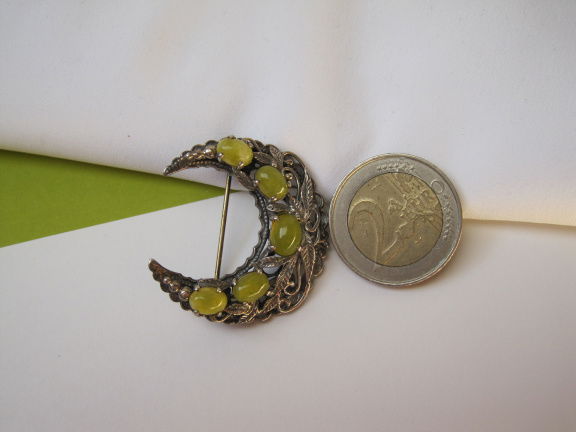 Zilveren broche maan model met groen gele edelsteen cabochons 3.6x3.4 cm - Afbeelding 6