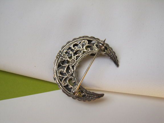 Zilveren broche maan model met groen gele edelsteen cabochons 3.6x3.4 cm - Afbeelding 8