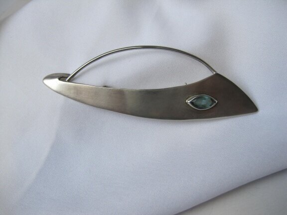 Zilveren broche modernistisch met blauwe aquamarijn edelsteen 8.7x2.8 cm - Afbeelding 6