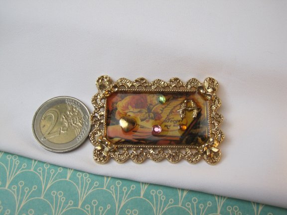 Broche 1928 jewelry compagny goudkleurigen emaille lijstje Forget me not 5.6x3.7 cm. - Afbeelding 2