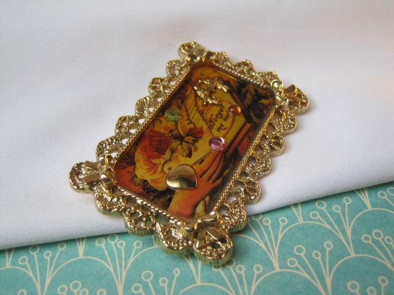 Broche 1928 jewelry compagny goudkleurigen emaille lijstje Forget me not 5.6x3.7 cm. - Afbeelding 3