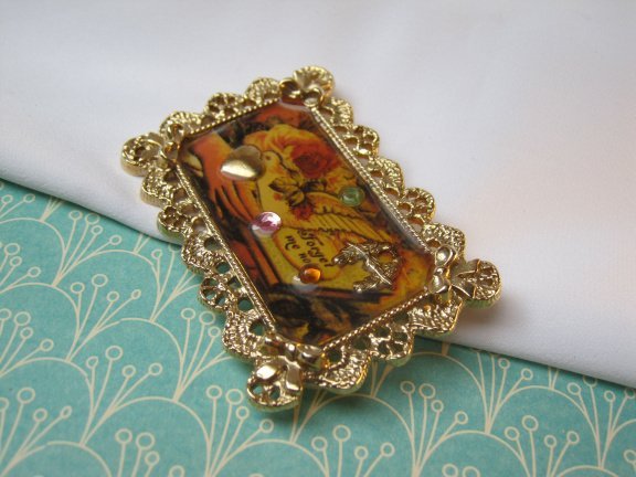 Broche 1928 jewelry compagny goudkleurigen emaille lijstje Forget me not 5.6x3.7 cm. - Afbeelding 4