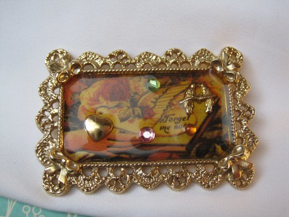 Broche 1928 jewelry compagny goudkleurigen emaille lijstje Forget me not 5.6x3.7 cm. - Afbeelding 6