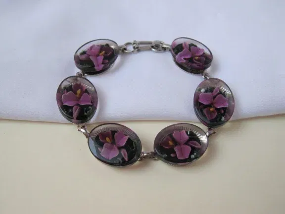 Armband zilverkleurig met lucite intaglio orchidee schakels 20 cm - nr. 1